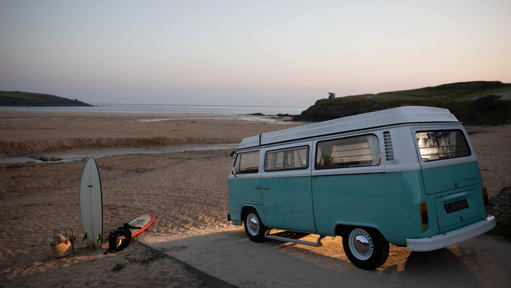 Cornish Beach Sunset and Classic VW Campervan